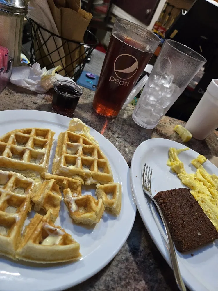 Waffle with 2 Eggs Scrambled Ava Livermush